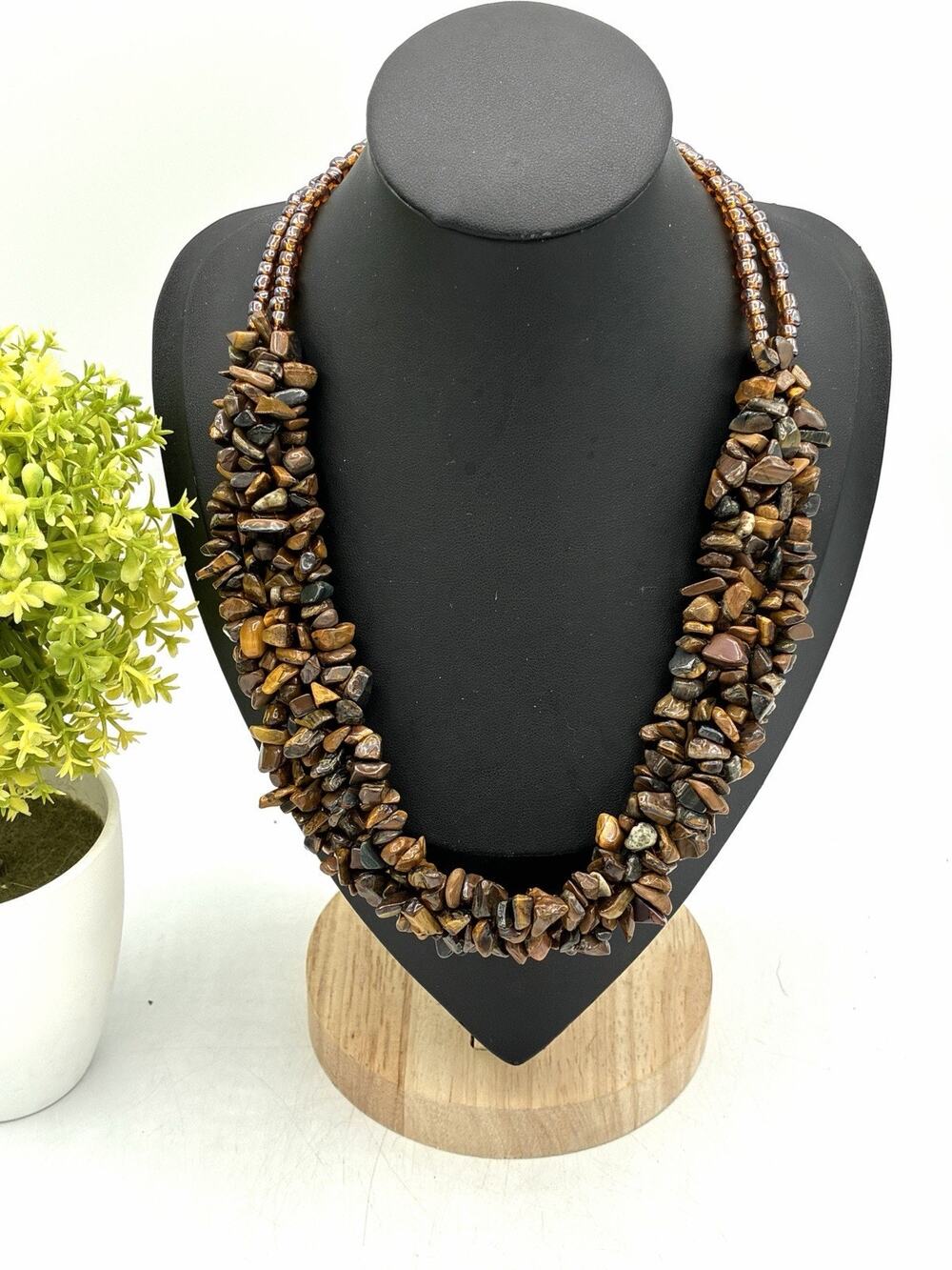 Tiger’s Eye Gemstone Chip Necklace 16” Multi Strand Brown Statement Jewelry
